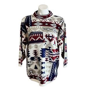 Jessica Roberts VINTAGE SWEATER Crewneck Grampa Aztec Print 80s 90s Y2K Size L